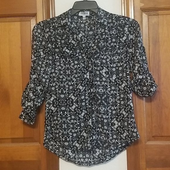 Express Tops - Express Black Patterned Slim Fit Portofino Shirt
